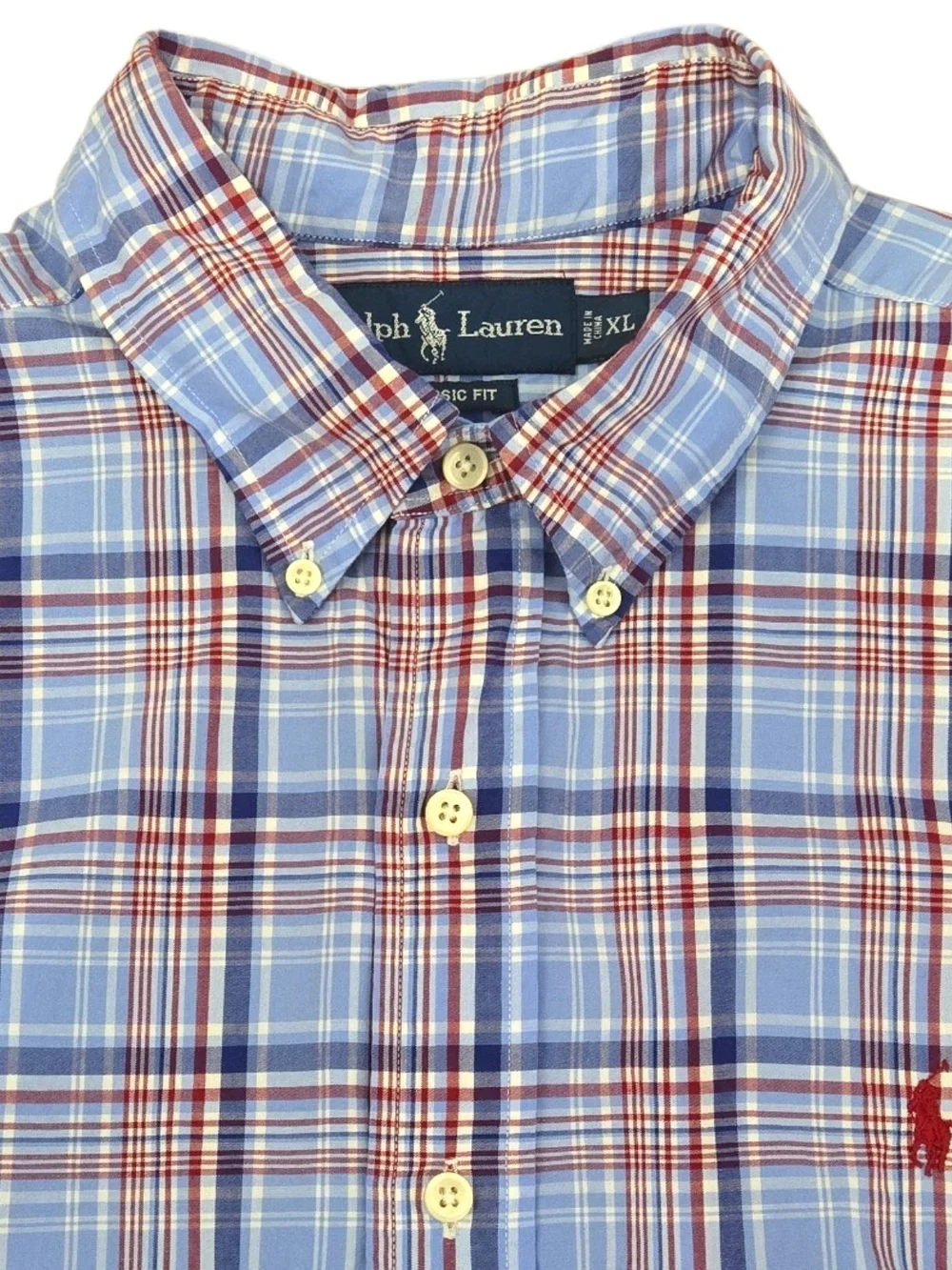 Polo Ralph Lauren Shirt Mens XL Classis Fit Blue Red Plaid Short Sleeve Cotton
